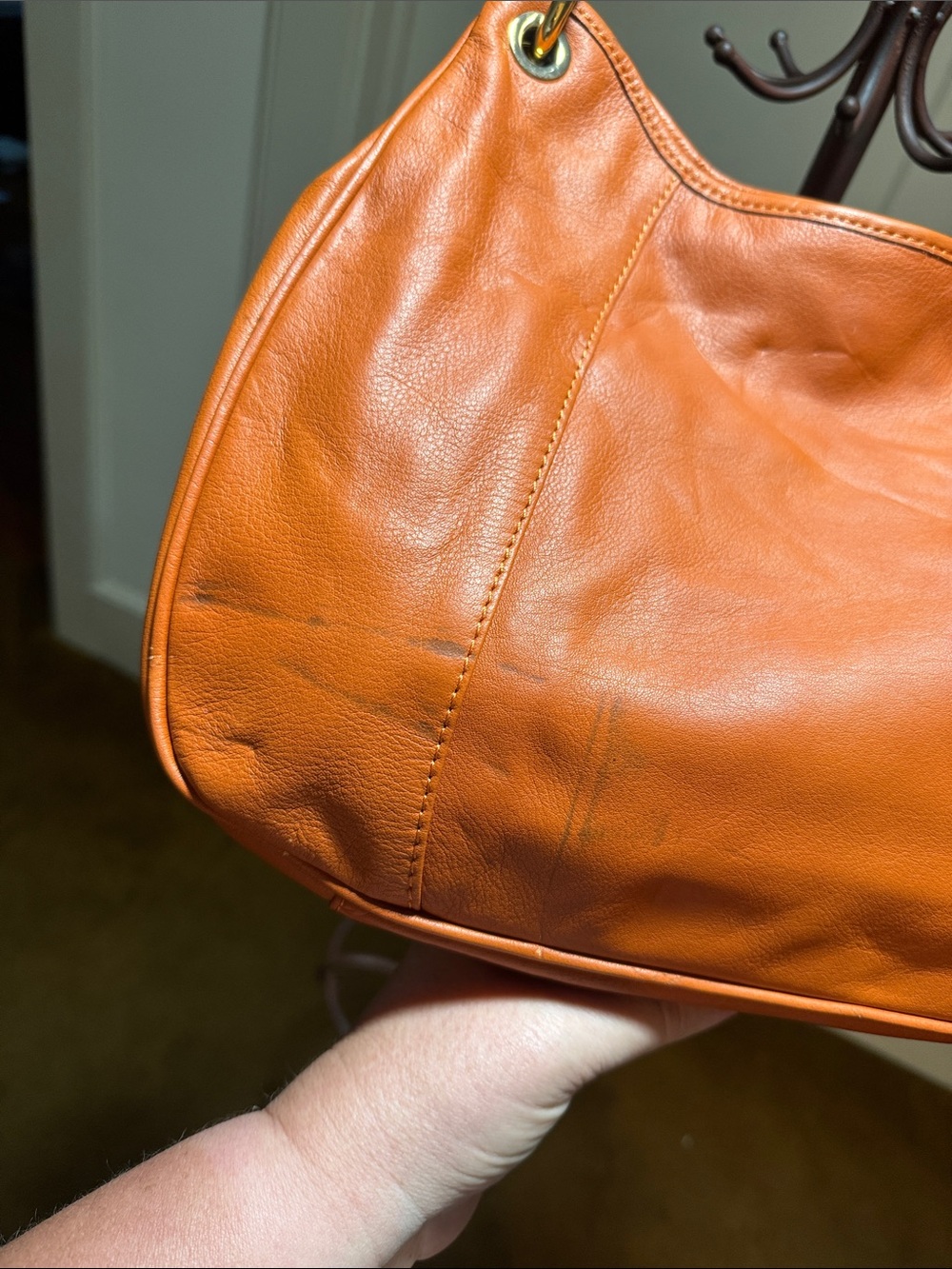 Burnt Orange Leather Shoulder Bag with Embossed Round Logo - Picture 7 of 12